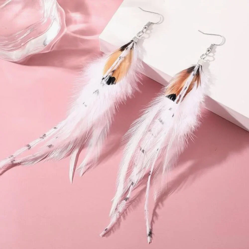 White Boho Feather Earrings – Long Bohemian Statement Jewelry